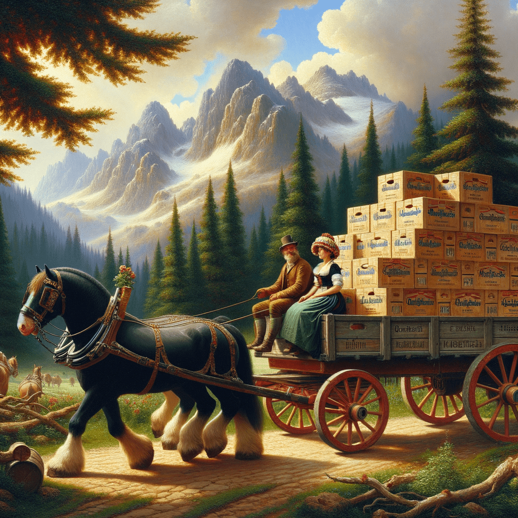 Erstelle mir ein Bild, wo im Hintergrund berge zu sehen sind die mit Bäumen besetzt sind. Im Vordergrund soll ein Boilerwagen mit 10 Bierkästen drauf zu sehen sein und der Kutscher mit einem Zylinder auf dem Kopf. Neben dem kutscher sitzt eine Frau mit einem typischen schwarzwälder bollenhut