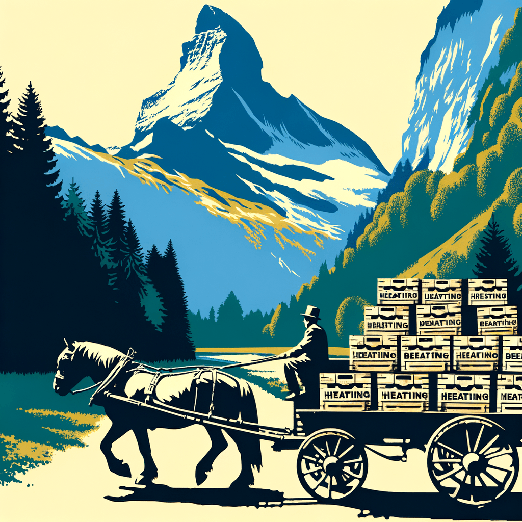 Erstelle mir ein Bild, wo im Hintergrund berge zu sehen sind die mit Bäumen besetzt sind. Im Vordergrund soll ein Boilerwagen mit 10 Bierkästen drauf zu sehen sein und der Kutscher mit einem Zylinder auf dem Kopf.