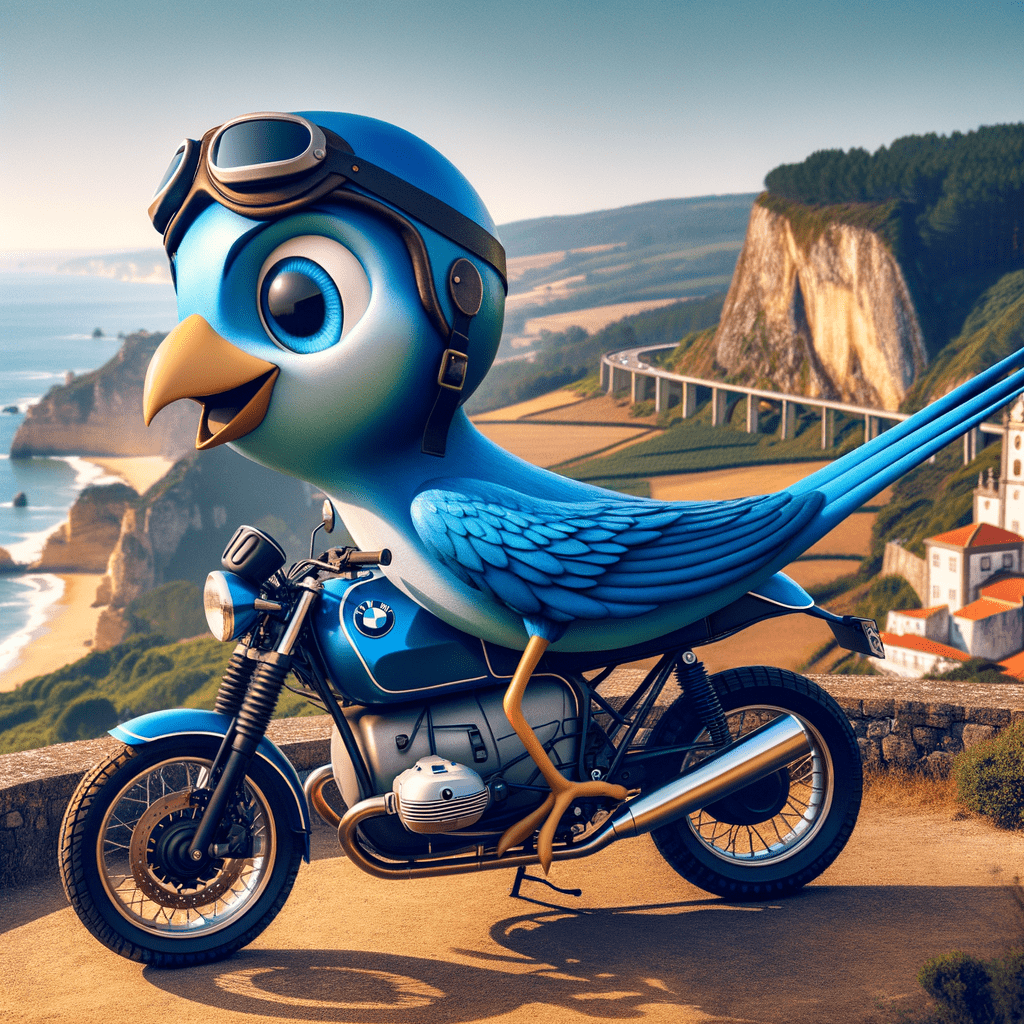 Road Runner Cartoon mit Helm auf einer BMW GS 1300 in Portugal