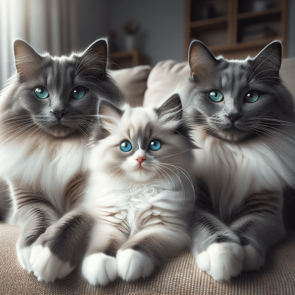 Erstelle mir ein Foto mit 1 ragdoll kitten und 2 russisch blau