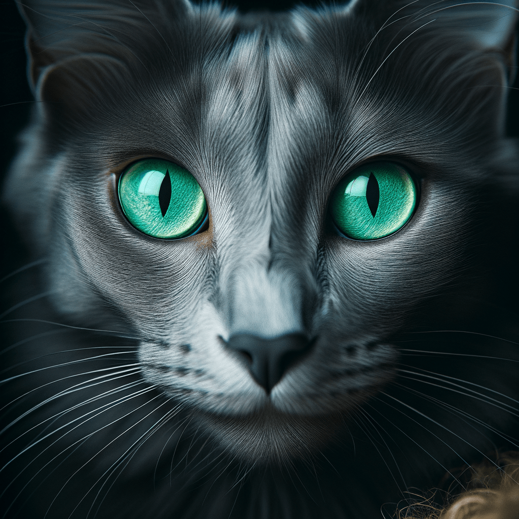 Eine russisch blau Katze wo man nur das Gesicht sieht und die smaragdgrünen Augen