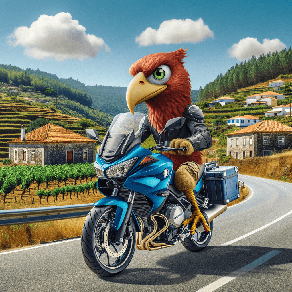 Erstelle mir road runner in Motorrad Bekleidung auf einer BMw gs 1300 in Portugal