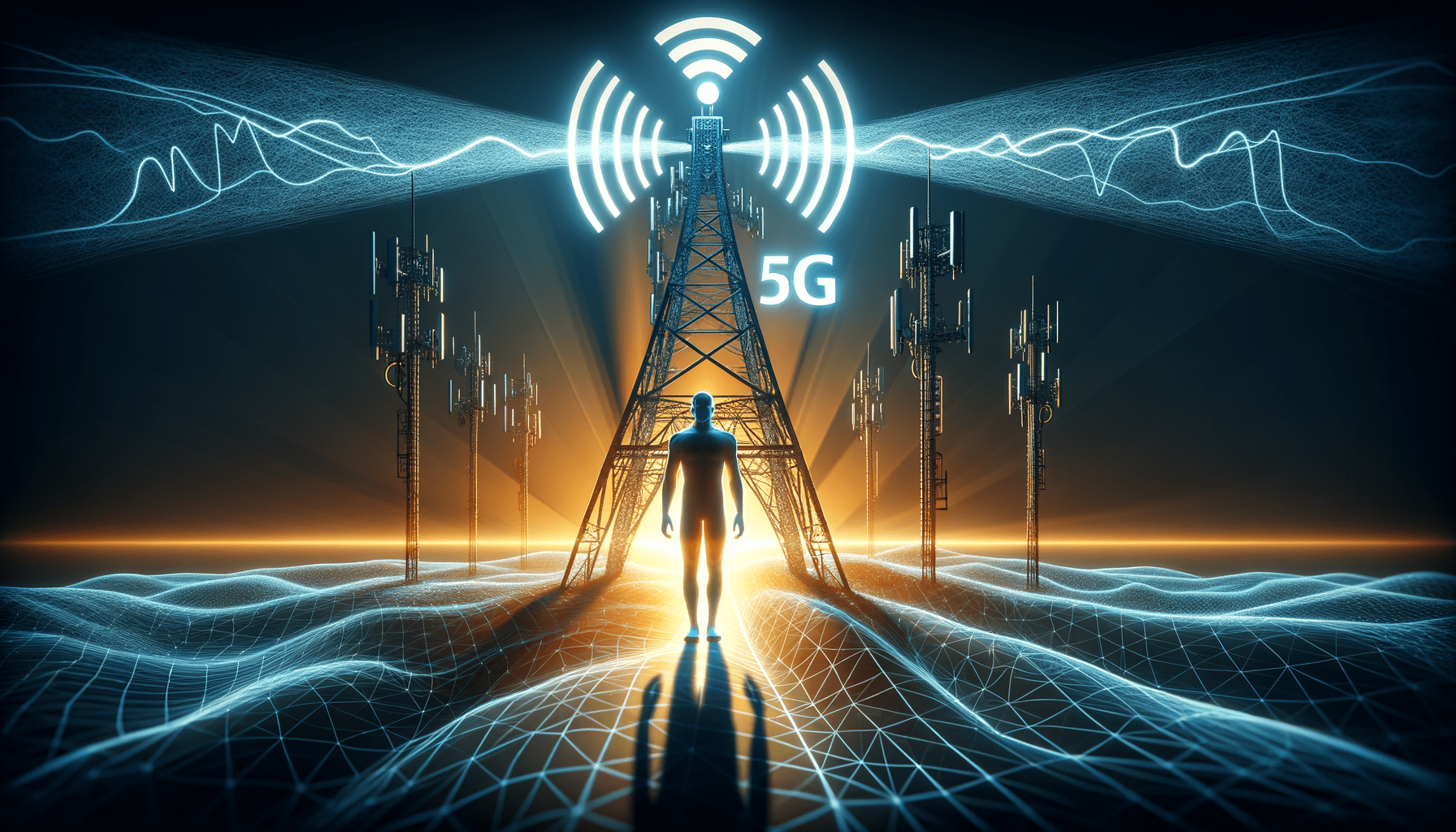 zeige einen 5G-Mast und die große Gefahr, welche von E-Smog auf den menschlichen körper wirkt