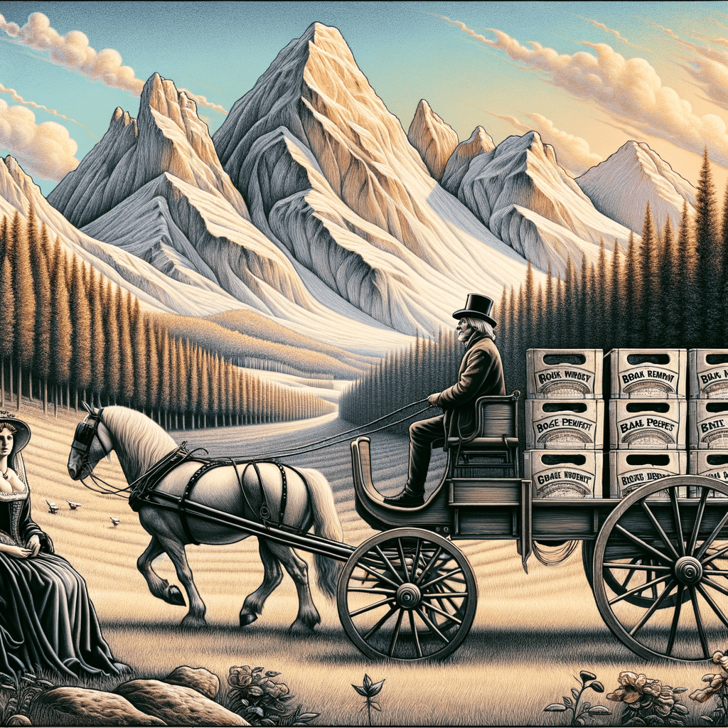 Erstelle mir ein Bild, wo im Hintergrund berge zu sehen sind die mit Bäumen besetzt sind. Im Vordergrund soll ein Boilerwagen mit 10 Bierkästen drauf zu sehen sein und der Kutscher mit einem Zylinder auf dem Kopf. Neben dem kutscher sitzt eine Frau in einer typischen schwarzwälder tracht